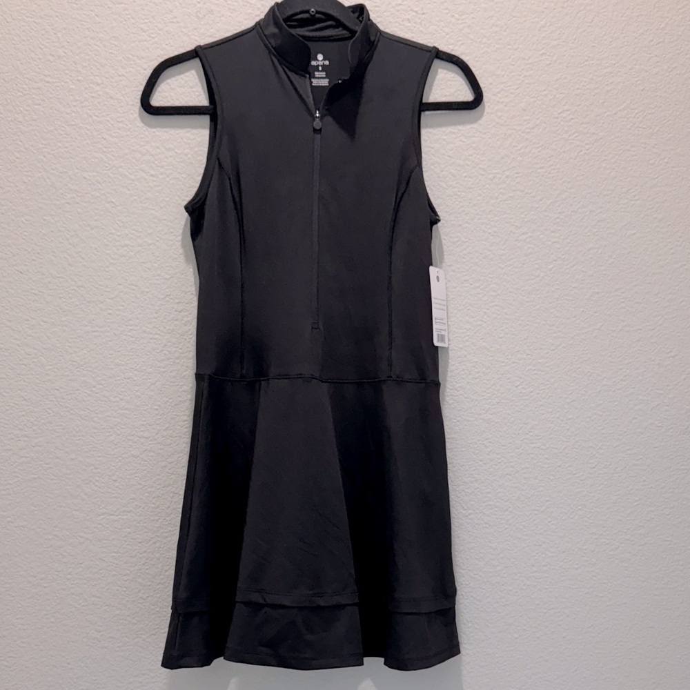 APANA Women's Black Solid Half-Zip Sleeveless A-Line Mini Active Dress SZ S NWT